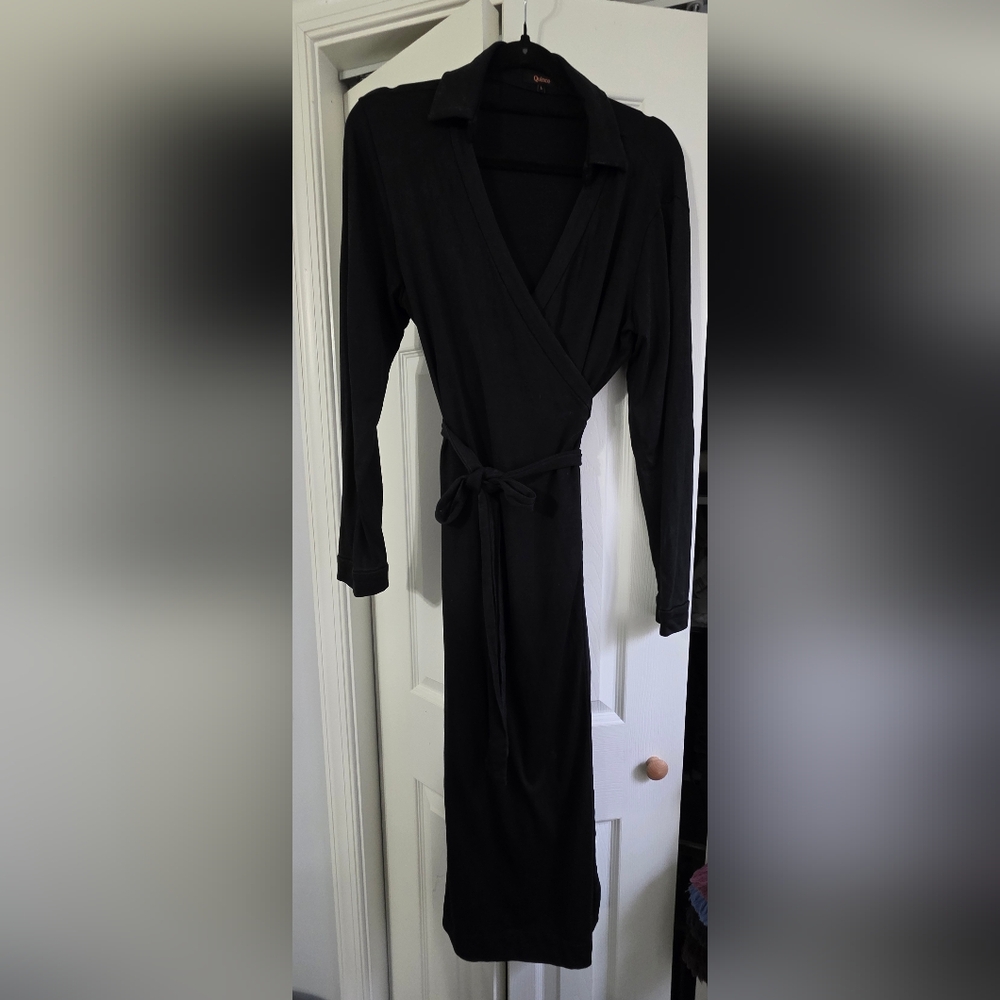 Quince Classic Black Long Sleeve Wrap Dress 100% Silk Sz L